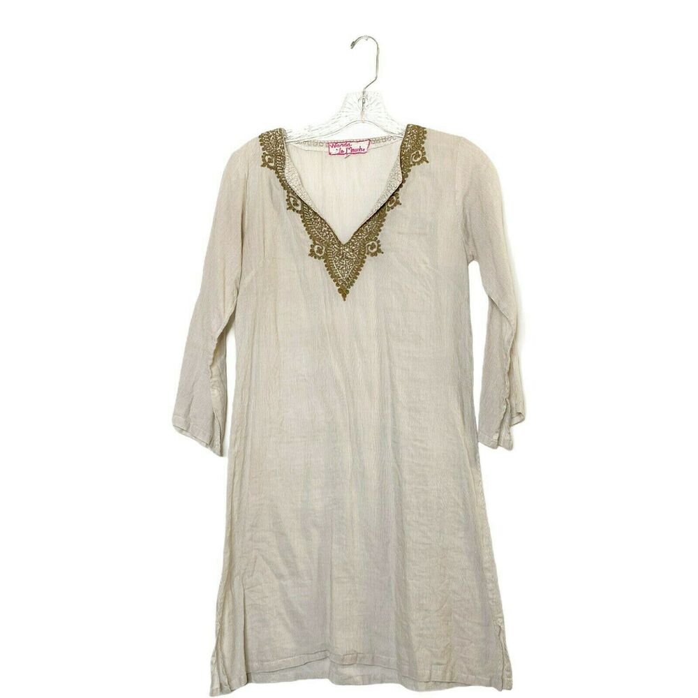 Warda La Mouche tunic Cover Up Ivory Open embroidered Swimwear Size small 1